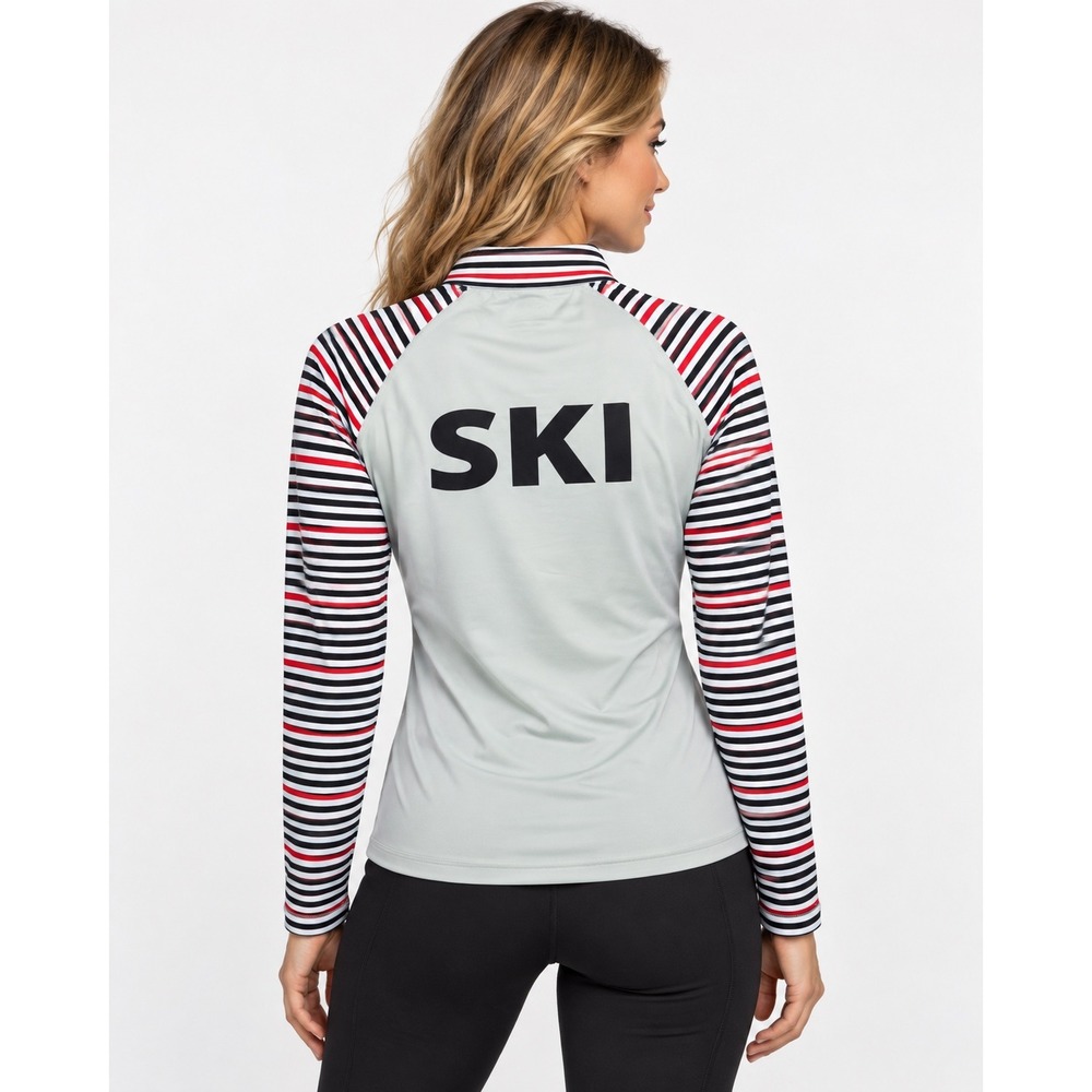 Hot Chillys Premium Zip T Womens Medium Gray SKI Base Layer Striped Thumbhole
